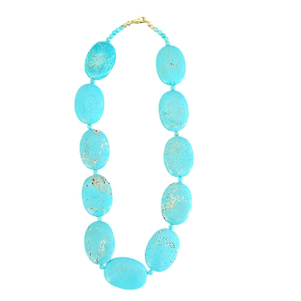 Handcrafted Veined Oval Turquoise Colored w/Goldtone Clasp Statement Necklace